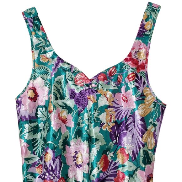 Vintage CALIFORNIA DYNASTY Floral Print Satin Chemise Slip Size L Teal Womens - Picture 2 of 8